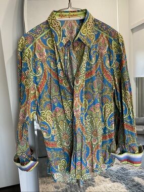 Roberto Cavalli Blue Multicolor Paisley Button-Down Shirt